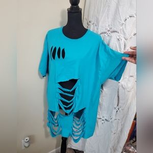 🙏 HAND CRAFTED Turquoise blue upcycled t shirt slits cuts 2xl